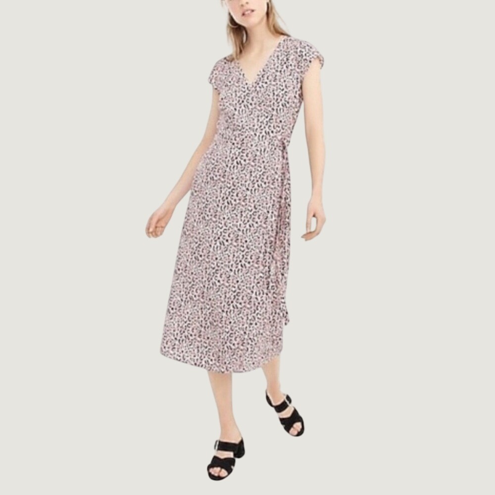 J.Crew Pink Leopard Print Faux Wrap Midi Dress Small V-Neck Cap Sleeve Viscose